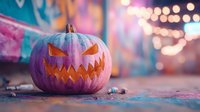Purple carved jack-o-lantern pumpkin with glowing face on colorful Halloween party background with bokeh lights and festive decorations for spooky celebration.