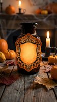 Vintage apothecary bottle with ornate label surrounded by autumn pumpkins and candles on rustic wooden table for Halloween seasonal decorating and crafting.