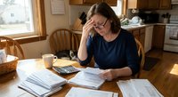 Stressed middle-aged Caucasian woman managing household finances at kitchen table with calculator, bills and paperwork during tax season.