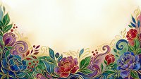 Ornamental floral border with colorful blooms, swirling leaves, and decorative elements on cream background, isolated for design use.
