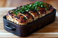 Grilled chicken breast garnished with fresh herbs in black baking dish on wooden surface, showing charred marks and caramelized seasoning, food photography.
