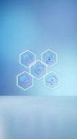 Digital healthcare technology concept with medical icons in hexagonal frames on blue gradient background for telemedicine and health apps.