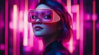 Futuristic woman wearing neon pink sunglasses against glowing vertical light bars in cyberpunk aesthetic. Synthwave style portrait for digital art, gaming, and tech design projects.
