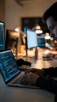 Young male programmer coding on laptop in modern office with warm ambient lighting during evening work session for software development projects.