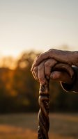 Weathered elderly hands gripping carved wooden walking stick during golden hour sunset with warm bokeh background for healthcare and aging concepts.