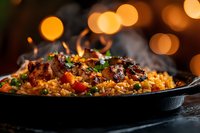 Steaming hot paella with grilled chicken, saffron rice, vegetables and herbs served in cast iron skillet against warm bokeh background. Fresh garnish adds color.