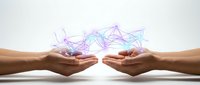 Two hands reaching toward each other with glowing geometric network connections floating above, representing digital collaboration and data exchange.