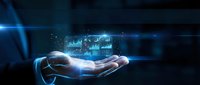 Hand holding glowing digital analytics dashboard with charts and graphs on dark blue background. Business data visualization for financial reporting and market analysis.