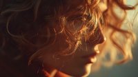 Young woman with curly hair in warm golden sunlight creating dreamy bokeh effect and soft shadows on face for lifestyle and beauty concepts.