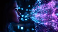 Young Asian woman profile in neon lights surrounded by glowing blue and pink particle effects creating magical cosmic atmosphere against dark background.