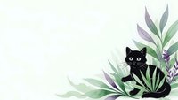 Black cat silhouette with botanical leaves and lavender flowers on light background for greeting cards and decorative design projects.