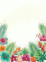 Watercolor tropical border with hibiscus, orchids, bird of paradise, palm leaves, and exotic fruits on light background with copy space.