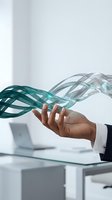 Hand holding flowing teal and silver ribbons in modern office setting, symbolizing data flow, technology innovation, and digital transformation for business concepts.