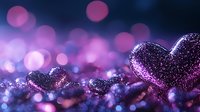 Glittery purple hearts with magical bokeh lights creating romantic atmosphere on dark background. Sparkly love symbols in dreamy Valentine's Day setting.