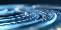 Glowing blue spiral curves with golden sparkles and bokeh effects on dark background create magical ethereal atmosphere for technology concepts.