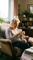 Senior Caucasian woman knitting in cozy living room armchair by window with warm natural light creating peaceful domestic atmosphere for retirement lifestyle.