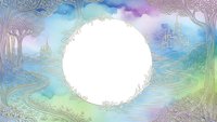 Watercolor fantasy landscape frame with ornate decorative border and central white circle space for text or design elements on pastel background.