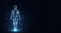 Glowing digital human figure with wireframe structure and luminous particles on dark background, suitable for healthcare, technology, and medical presentations.