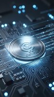 Silver metallic coin with currency symbol on circuit board with glowing blue lights and digital pathways, representing blockchain technology and cryptocurrency trading for financial investment concepts.
