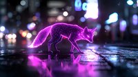 Glowing neon purple fox silhouette walking on wet city street at night with bokeh lights and reflections creating mystical urban wildlife scene.