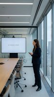 Professional businesswoman presenting quarterly strategy update in modern glass conference room with city view for corporate meetings.