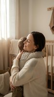 Loving mother holding sleeping newborn baby in cozy nursery room with soft natural light creating peaceful bonding moment for family lifestyle content.