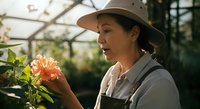 Asian woman gardener in apron and hat examining orange flower in greenhouse, agricultural work and horticulture.