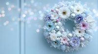 Elegant winter wreath with white, purple, and blue flowers adorned with silver ornaments on soft blue background with bokeh lights.