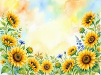 Watercolor sunflower border frame with wildflowers on soft pastel background for greeting cards, invitations and seasonal design projects.