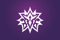 White geometric star shape with angular points and intricate overlapping lines forming abstract symmetrical pattern on purple gradient background. Suitable for logo design.