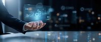 Businessman hand presenting holographic data analytics dashboard with charts and graphs for business intelligence and digital transformation solutions.