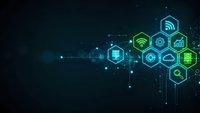 Digital technology network with glowing hexagonal icons representing connectivity, data analytics, cloud computing and wireless communication systems.