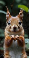 Close-up portrait of red squirrel with big eyes and expressive face looking directly at camera, holding paws together against blurred green background.