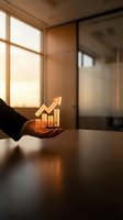 Businessperson holding glowing upward arrow chart symbol on wooden desk with sunlit window, representing financial growth, success and market expansion for corporate presentations.