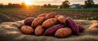 Fresh harvested sweet potatoes on burlap sack in agricultural field during golden sunset. Organic root vegetables ready for market sale and healthy cooking.