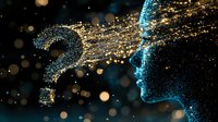 Glowing digital particles form question mark and profile silhouette against dark background with bokeh lights, representing artificial intelligence and curiosity.