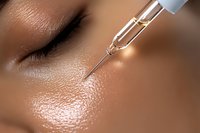 Close-up of serum dropper applying transparent cosmetic liquid to dark skin with visible pores and texture, demonstrating skincare treatment application.