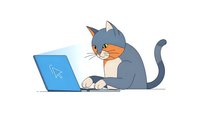Cute gray and white cartoon cat working on blue laptop computer with paws on keyboard for digital marketing and remote work concepts.
