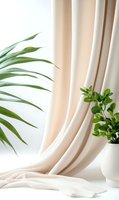 Elegant cream drapery with green palm leaves and potted plant creating soft minimalist composition against light background for interior design and decor styling.