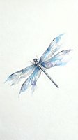 Watercolor dragonfly with translucent blue and purple wings on textured paper background for nature art and home decor projects.