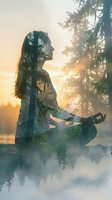 Woman with long hair holding a guitar, double exposure with misty forest and golden sunrise, nature and music concept for creative projects.
