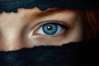 Close up of bright blue eye with ginger hair and freckles peeking through dark fabric, creating mysterious and dramatic portrait composition.