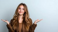 Young Caucasian woman with long wavy brown hair wearing brown sweater showing welcoming gesture with open palms against light background, expressing positive attitude.