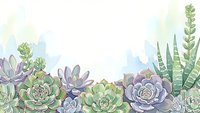 Watercolor succulent plants border with purple and green varieties creating botanical frame on white background for wedding invitations and greeting cards.
