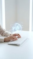 Hands typing on white keyboard with holographic cloud storage icon floating above for digital data backup and online file management technology.