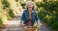 Happy mature blonde woman riding bicycle with flower basket on sunny country path enjoying active outdoor lifestyle.
