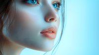 Close-up portrait of young woman with bright blue eyes, coral lips and ethereal lighting creating mysterious atmosphere against light background.
