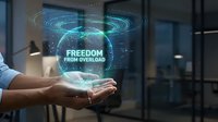 Businessman hand holding holographic globe with freedom from overload text in modern office environment showcasing digital transformation and stress management.