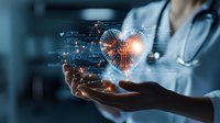 Digital heart hologram floating over medical doctor hands with stethoscope, representing innovative healthcare technology and cardiology advancement.