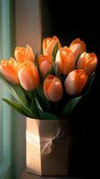 Fresh bouquet of peach-colored tulips in kraft paper wrapping, illuminated by soft window light against dark background.